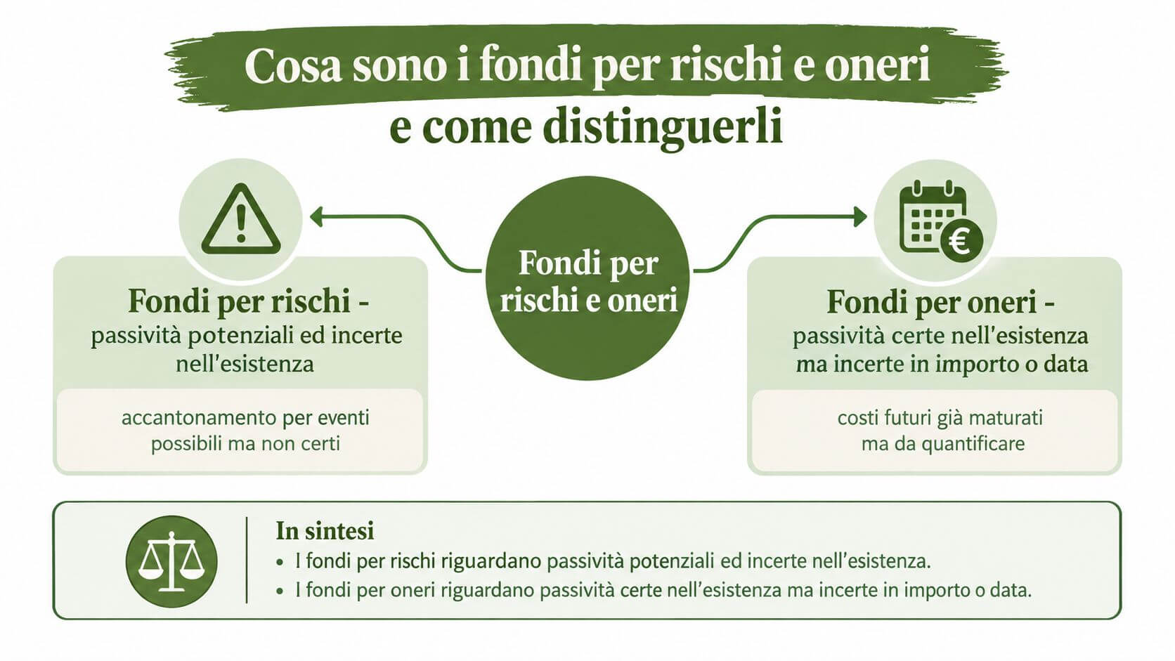 Schema grafico che spiega le differenze tra fondi per rischi e fondi per oneri aziendali.