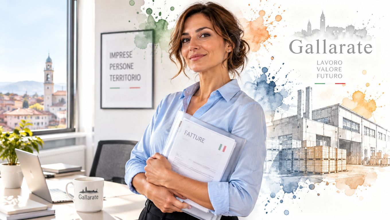Una professionista sorridente tiene in mano documenti in un ufficio luminoso con vista sulla città di Gallarate.