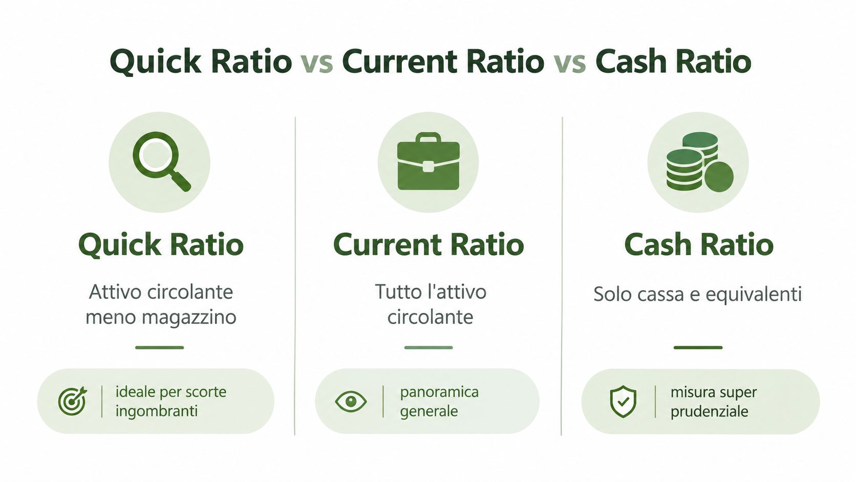 Confronto grafico tra Quick Ratio, Current Ratio e Cash Ratio con le relative definizioni e caratteristiche principali.
