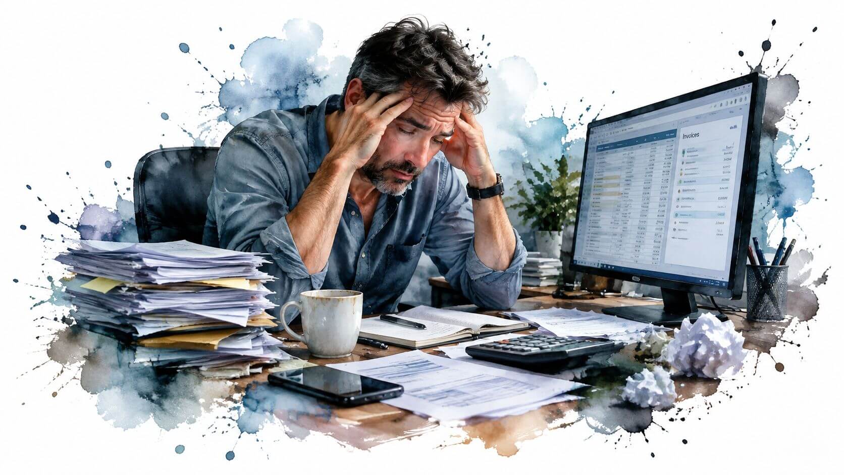 Un uomo d'affari stressato seduto alla scrivania con molti documenti e un computer mentre lavora duramente.