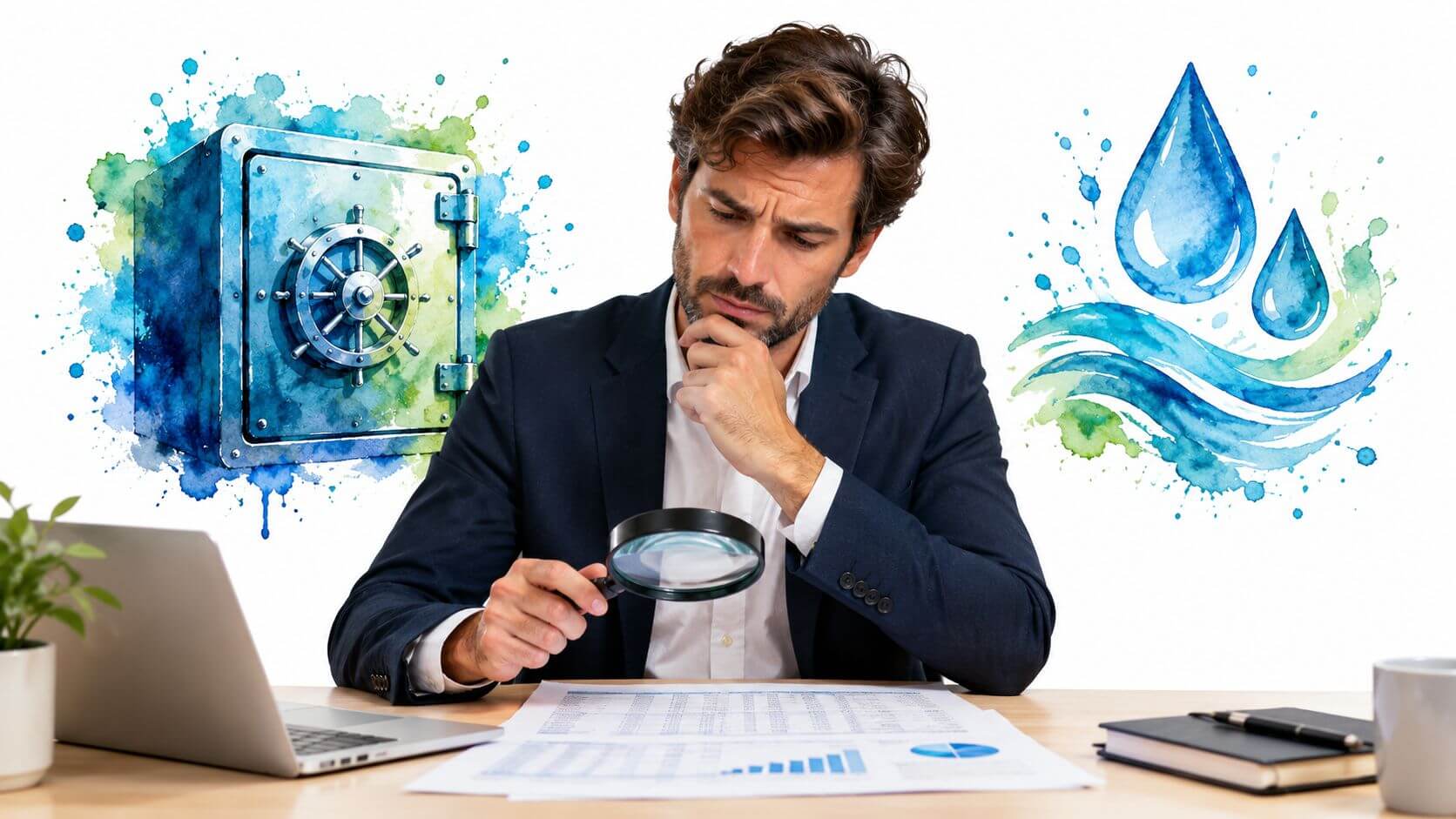 Un uomo d'affari esamina documenti finanziari, rappresentando il concetto di bilancio tra sicurezza e liquidità aziendale.