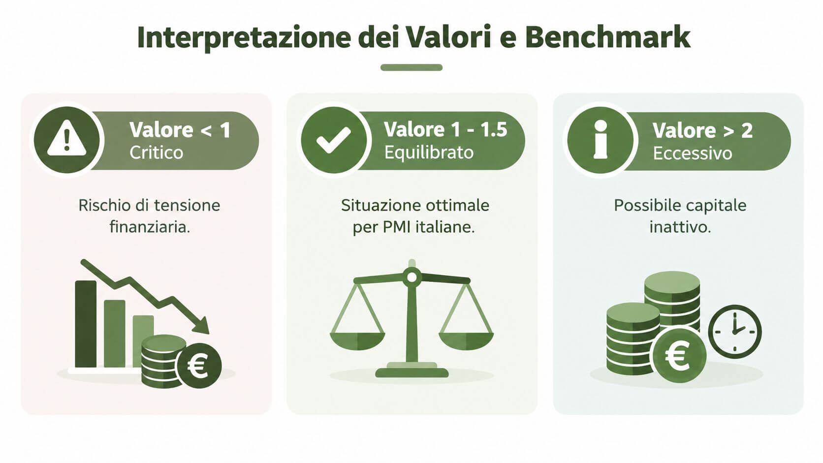 Grafico che illustra l'interpretazione dei valori dell'indice di liquidità secondaria con soglie di riferimento per le aziende.