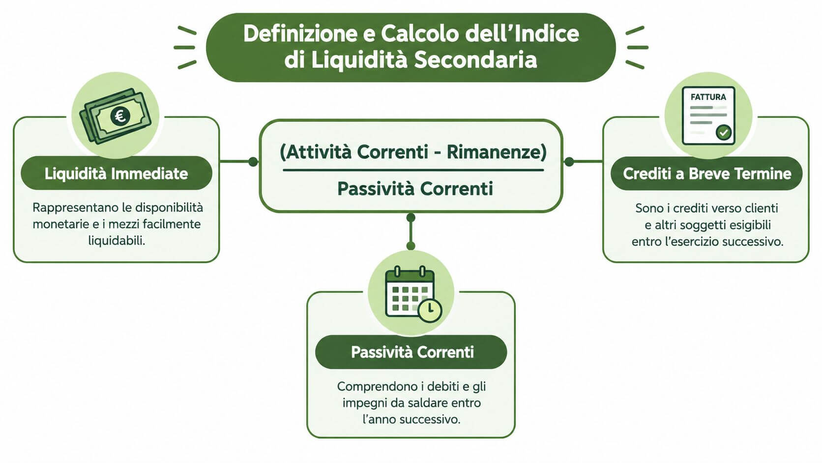 Schema grafico che illustra la formula e i componenti per il calcolo dell'indice di liquidità secondaria aziendale.