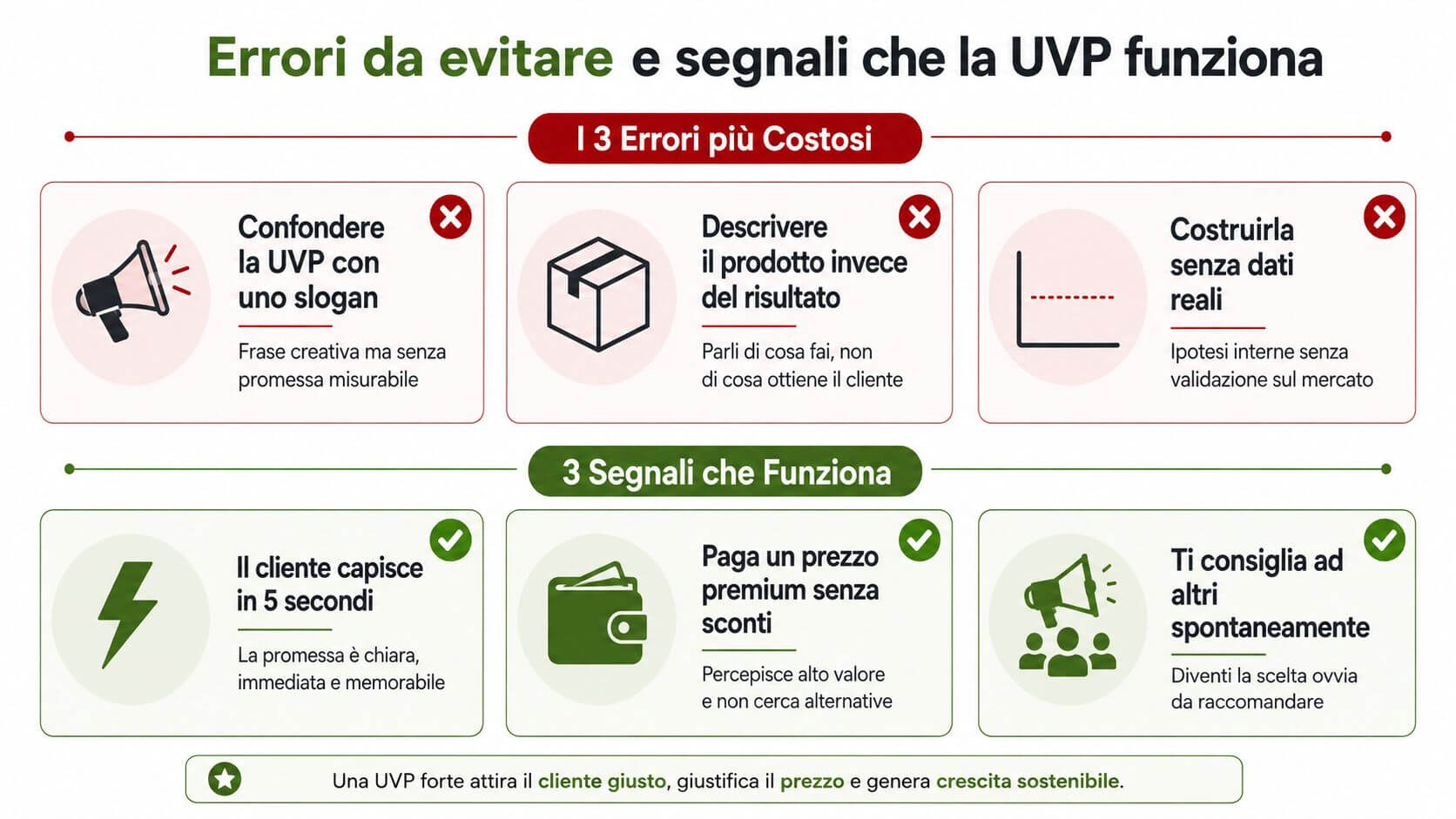 Infografica che mostra i tre errori da evitare e i segnali chiave di una proposta di valore efficace.