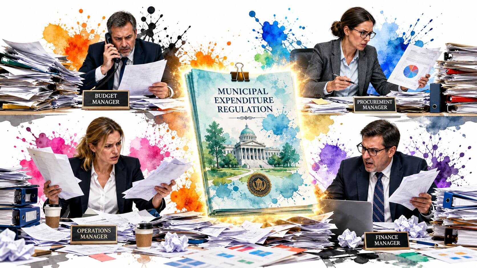Quattro manager municipali sopraffatti dal lavoro e sommersi da una grande quantità di documenti e scartoffie burocratiche