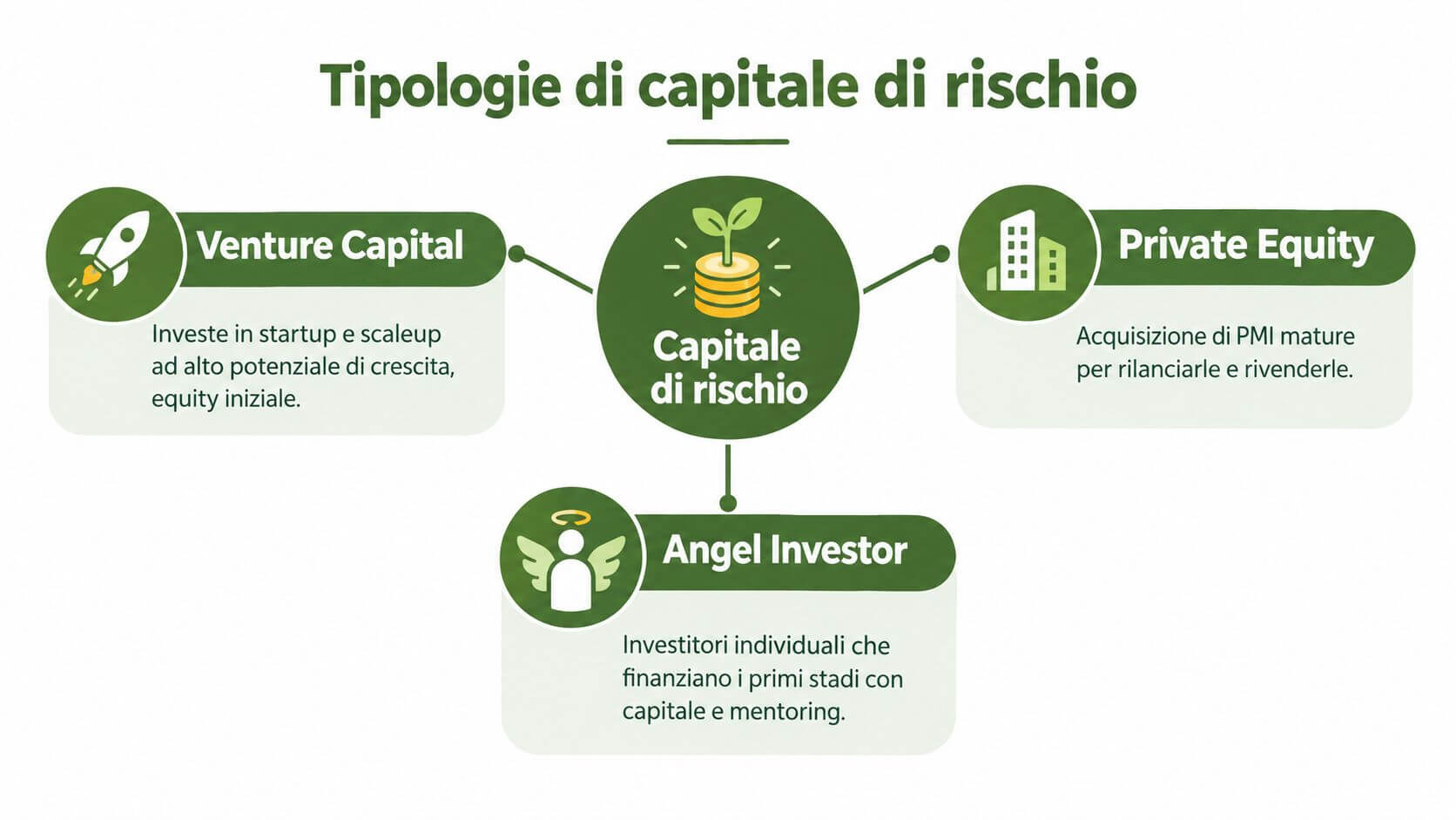 Un infografica che illustra le diverse tipologie di capitale di rischio tra cui Venture Capital, Private Equity e Angel Investor.