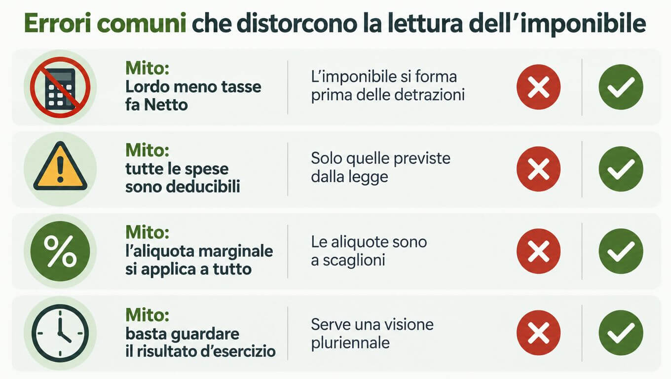 Infografica sugli errori comuni che distorcono la lettura dell'imponibile, mostrando miti finanziari e le relative correzioni fiscali.